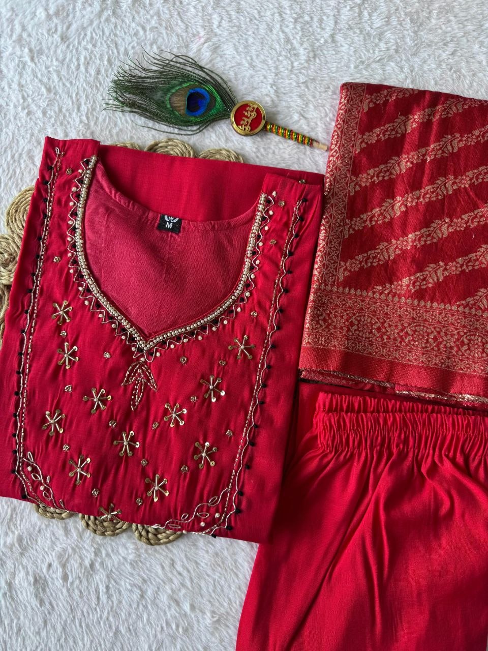 Tomato Red Chanderi Handwork Suit