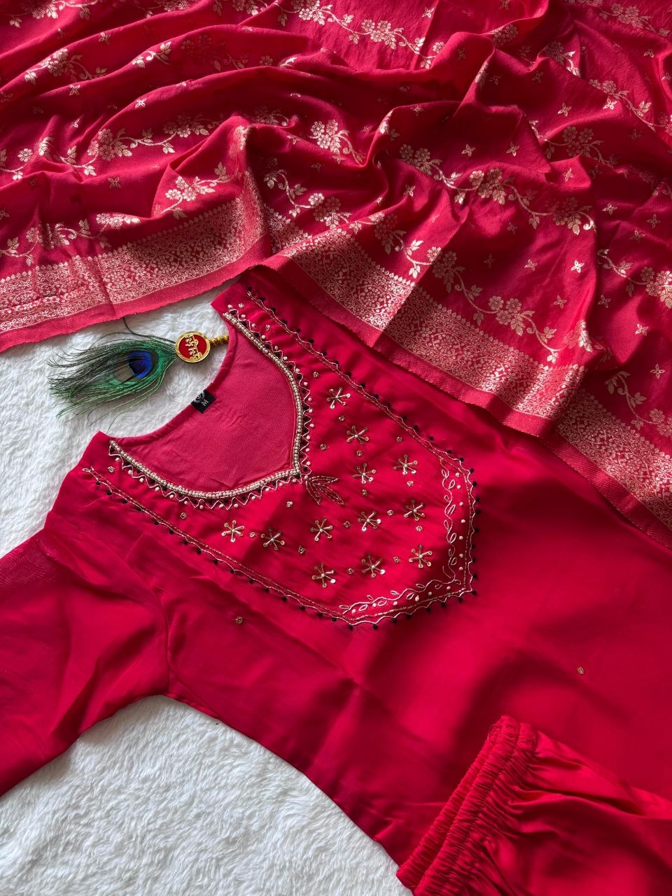 Tomato Red Chanderi Handwork Suit