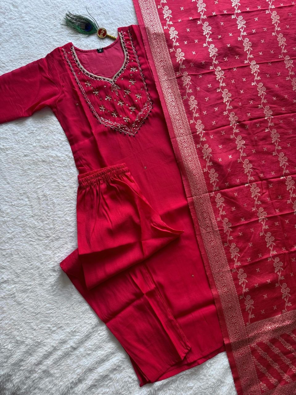 Tomato Red Chanderi Handwork Suit
