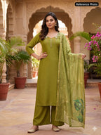 Parrot Green Mul Chanderi Handwork Suit
