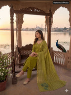 Parrot Green Mul Chanderi Handwork Suit