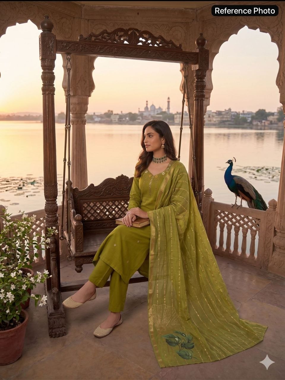 Parrot Green Mul Chanderi Handwork Suit