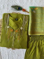 Parrot Green Mul Chanderi Handwork Suit