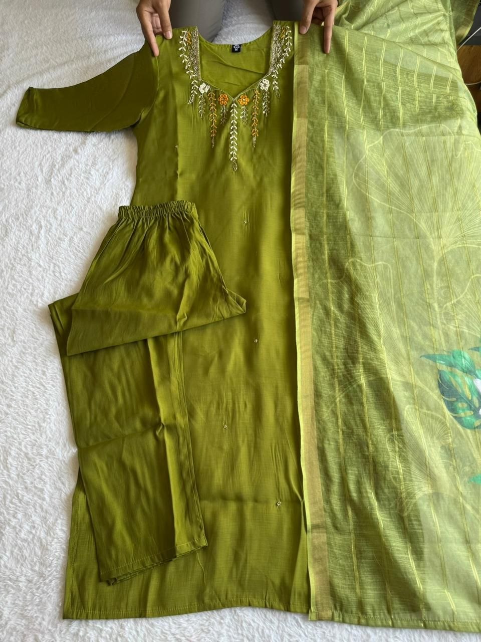 Parrot Green Mul Chanderi Handwork Suit