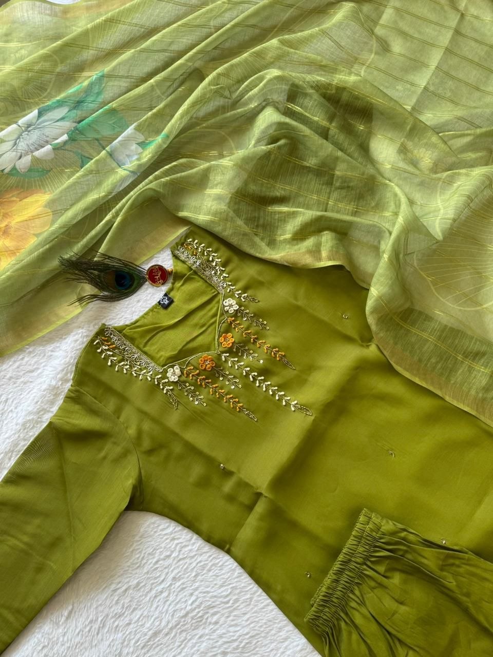 Parrot Green Mul Chanderi Handwork Suit