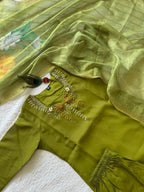 Parrot Green Mul Chanderi Handwork Suit