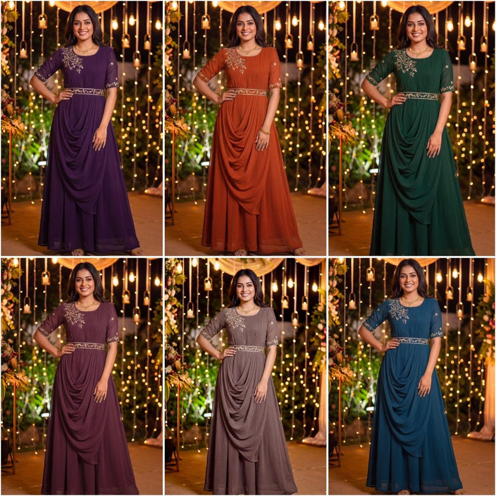Designer Draped Gown with Dupatta and Belt