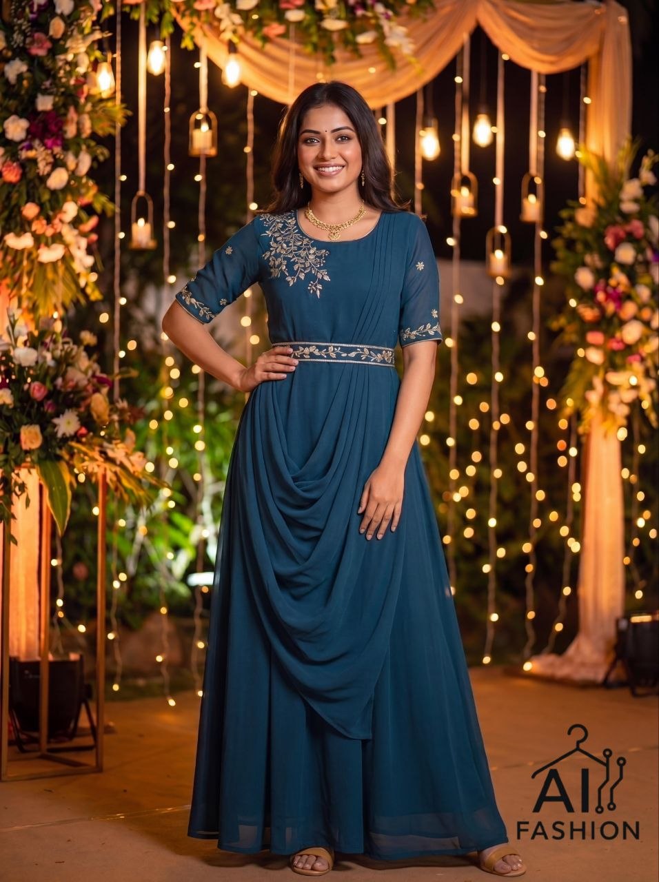 Designer Draped Gown with Dupatta and Belt