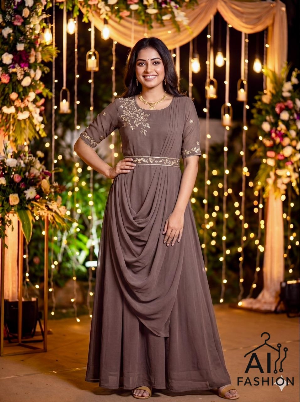 Designer Draped Gown with Dupatta and Belt