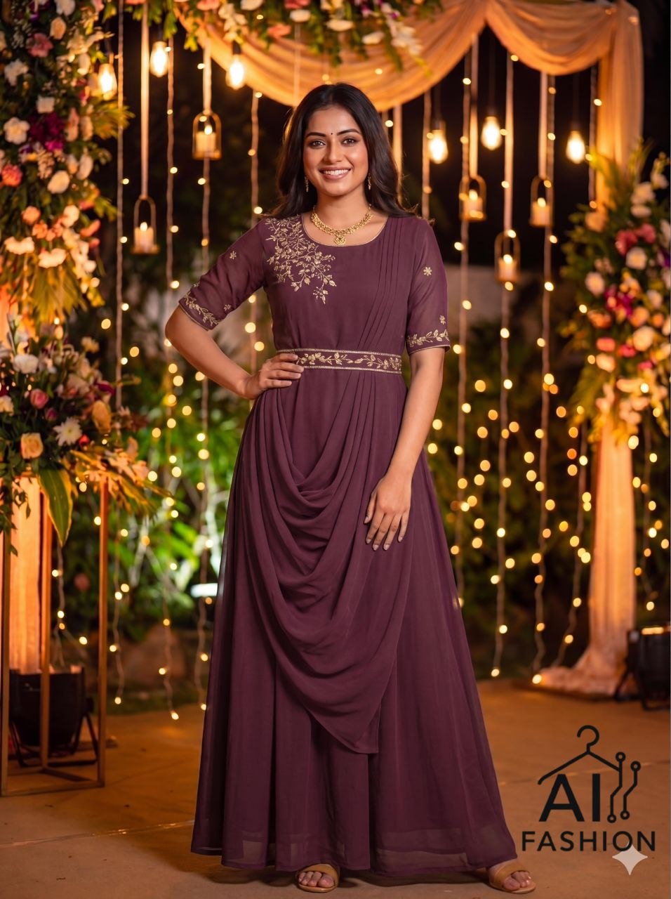 Designer Draped Gown with Dupatta and Belt