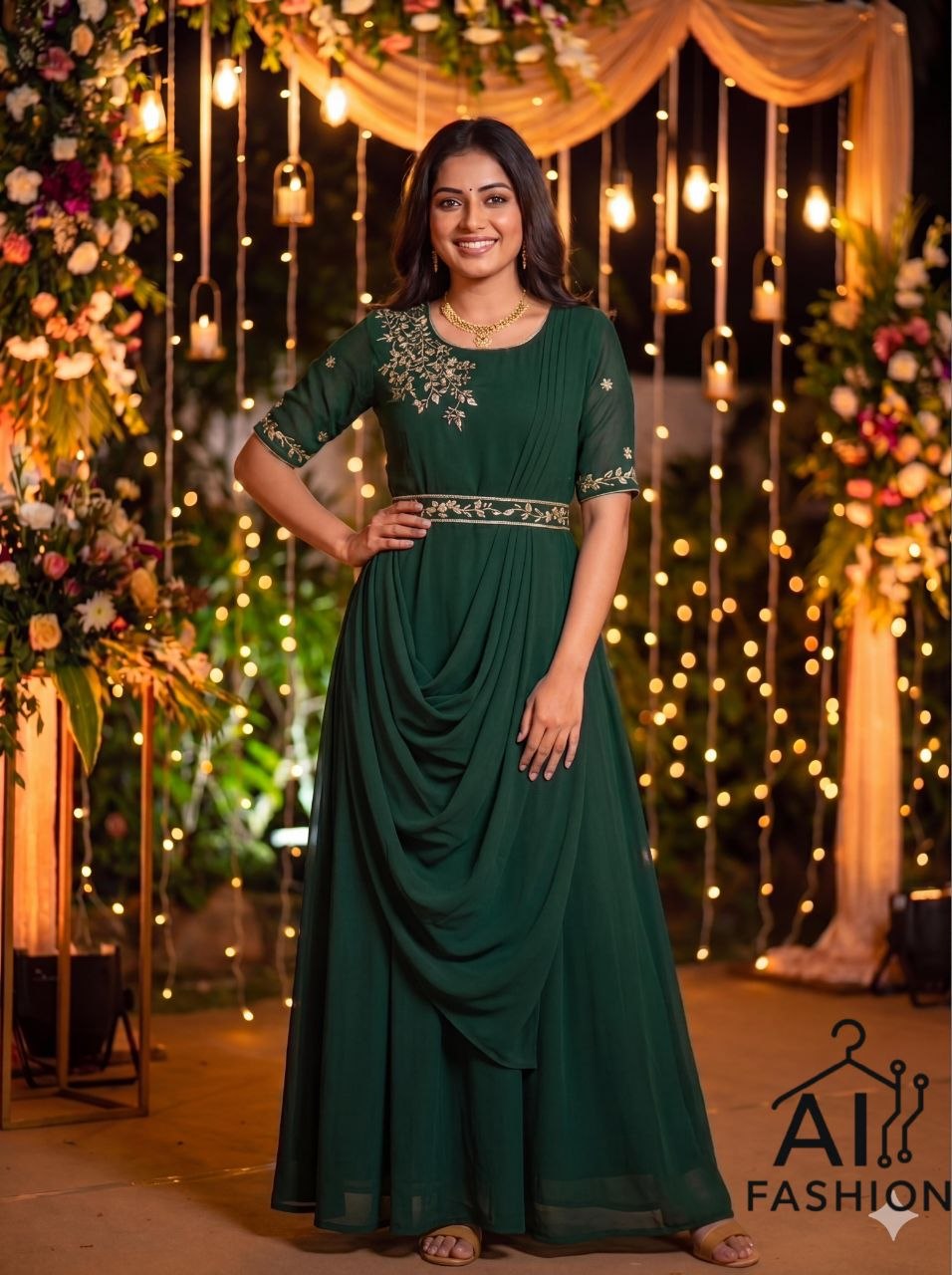 Designer Draped Gown with Dupatta and Belt