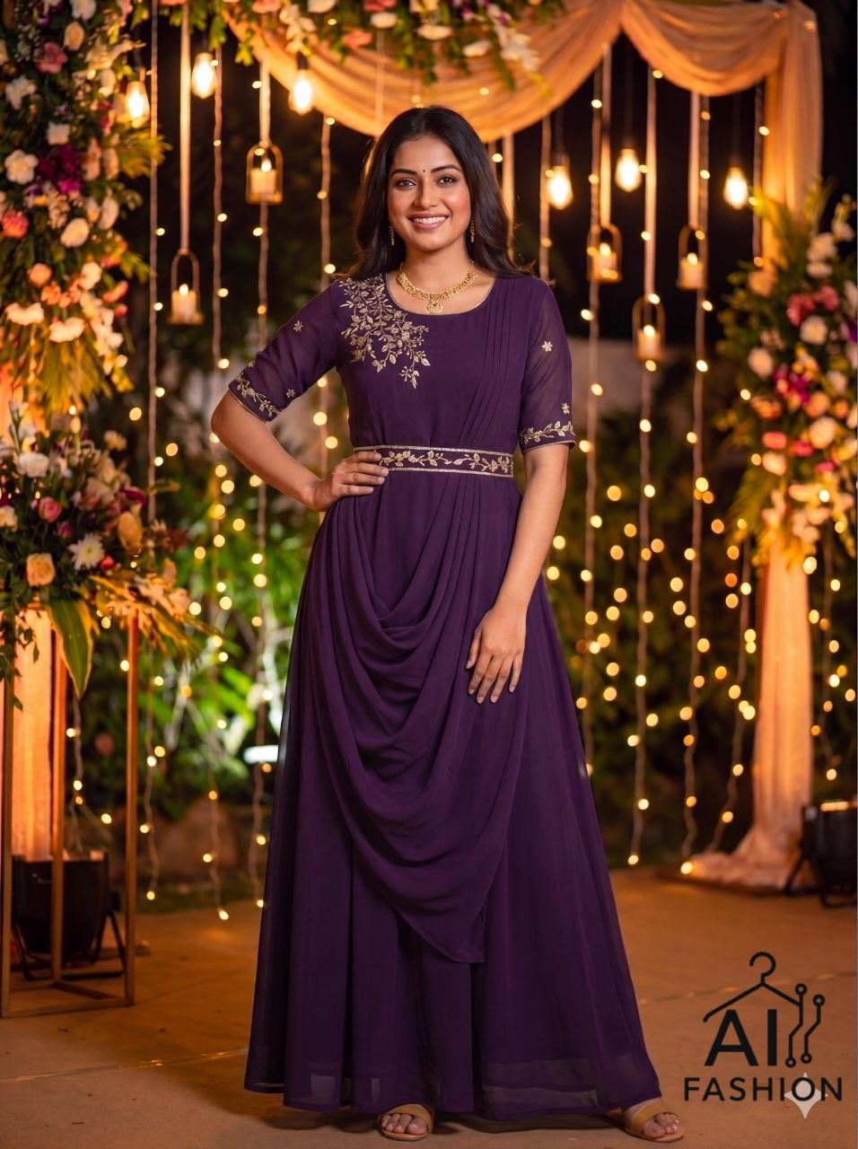Designer Draped Gown with Dupatta and Belt