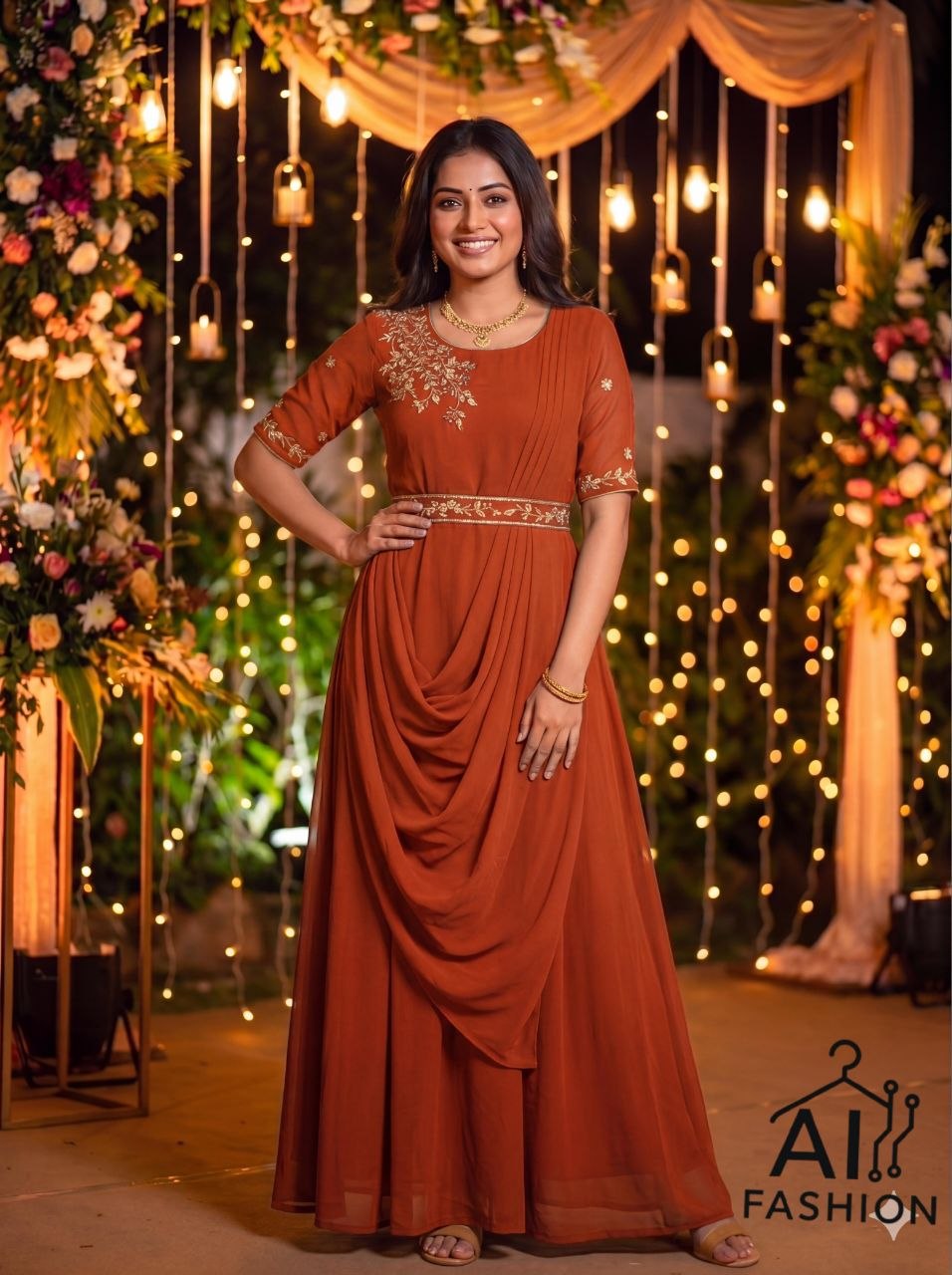 Designer Draped Gown with Dupatta and Belt