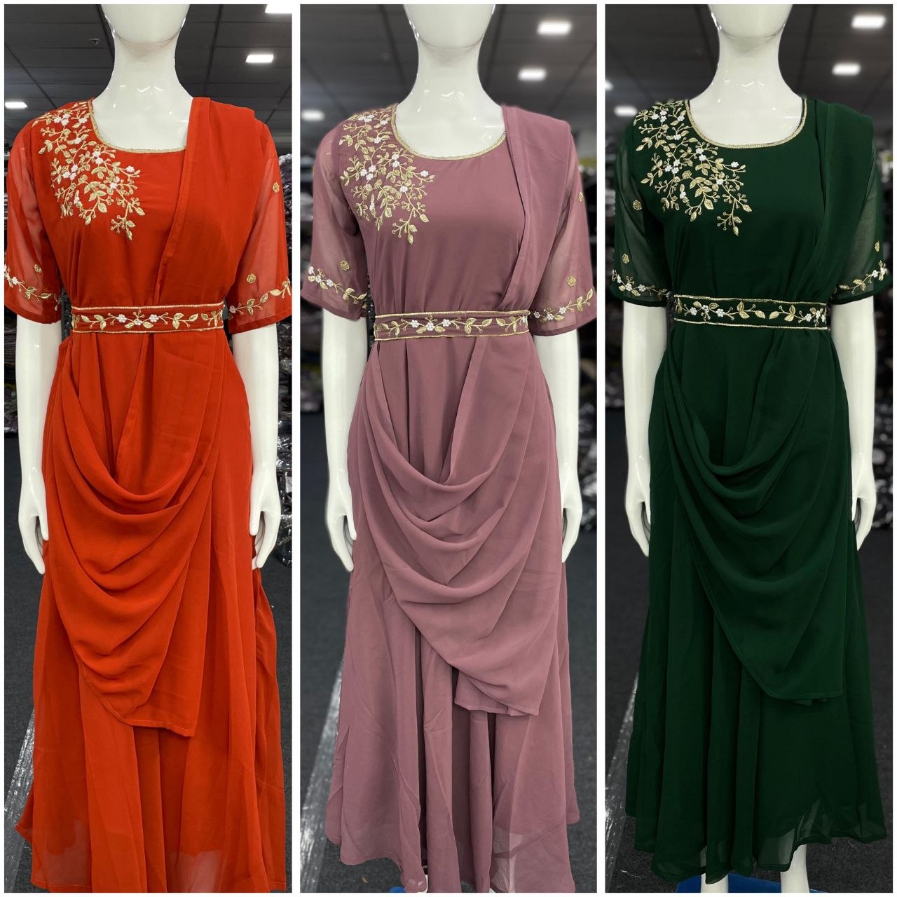 Designer Draped Gown with Dupatta and Belt