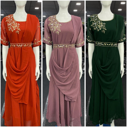 Designer Draped Gown with Dupatta and Belt