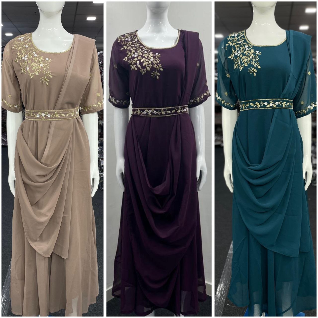 Designer Draped Gown with Dupatta and Belt