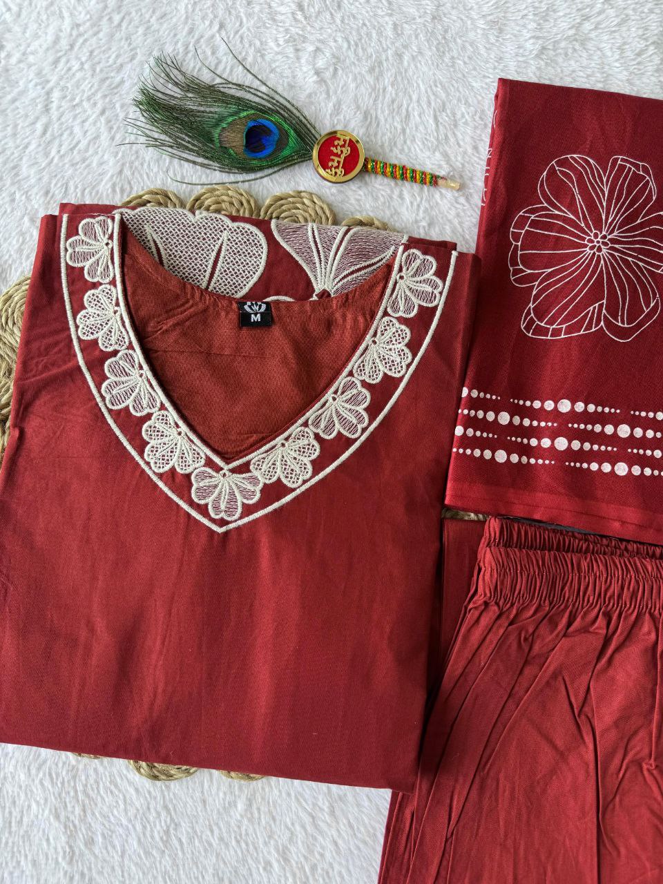 Falu Red Cotton Aline Embroidery Suit Set