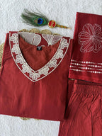 Falu Red Cotton Aline Embroidery Suit Set