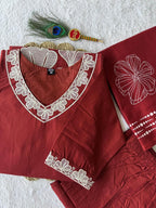 Falu Red Cotton Aline Embroidery Suit Set