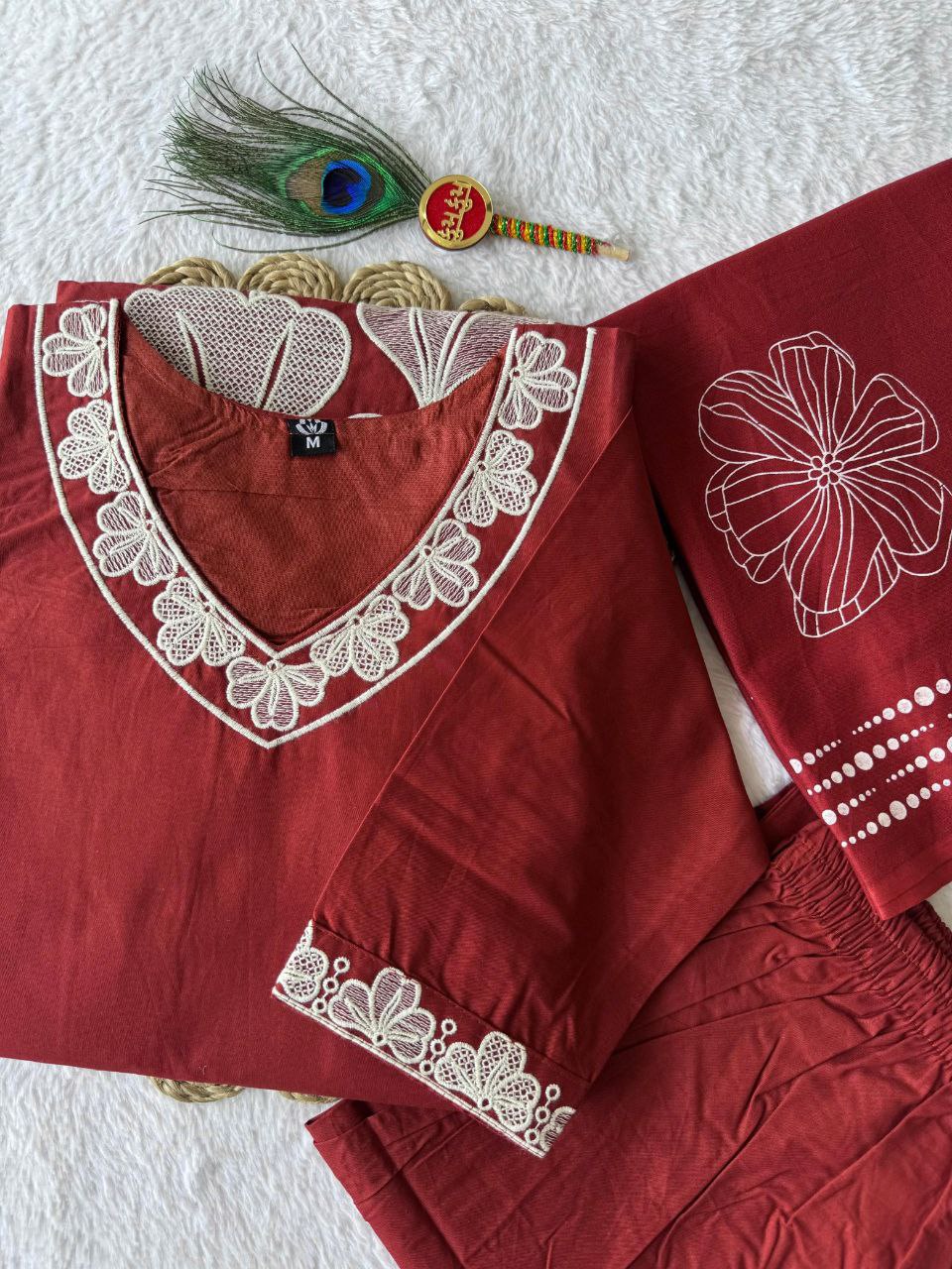 Falu Red Cotton Aline Embroidery Suit Set