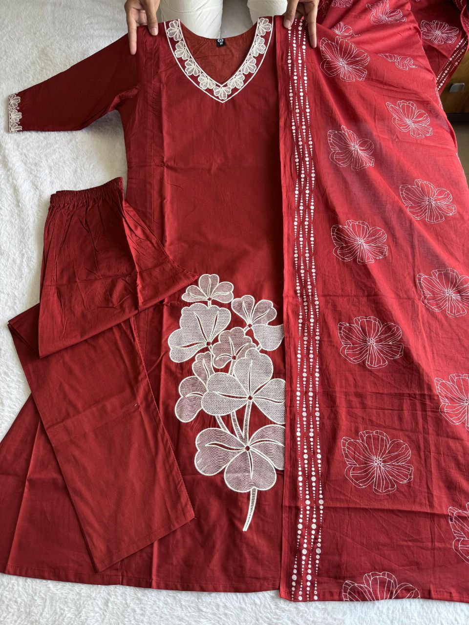 Falu Red Cotton Aline Embroidery Suit Set