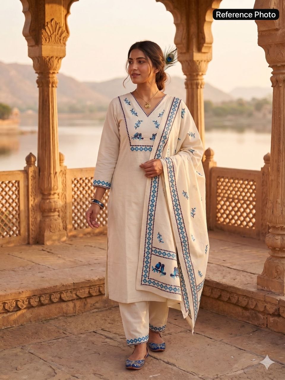 Cream Khadi Printed Handwork Suit