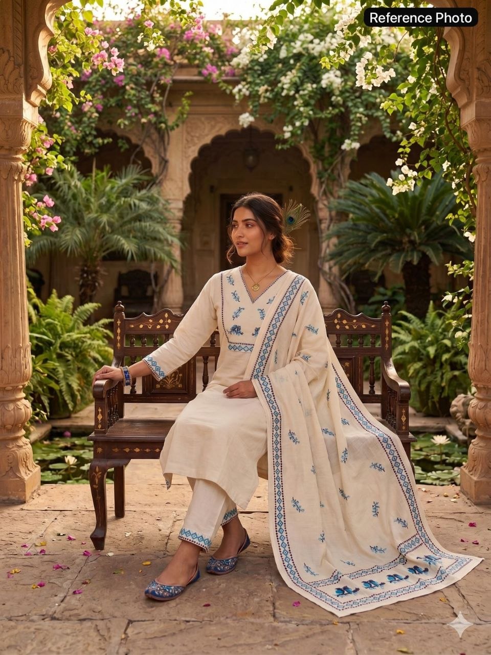 Cream Khadi Printed Handwork Suit