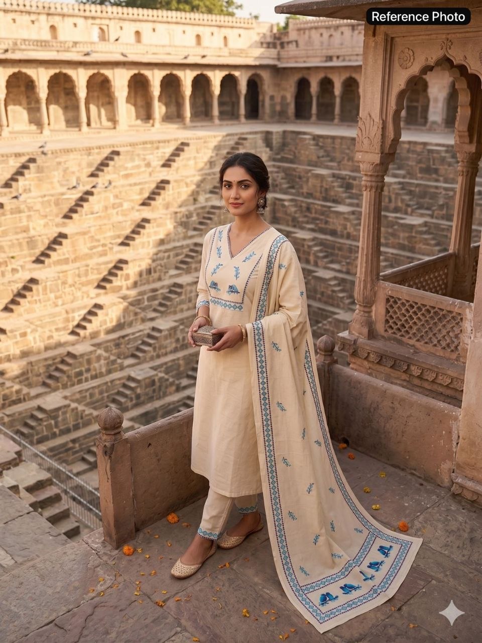 Cream Khadi Printed Handwork Suit