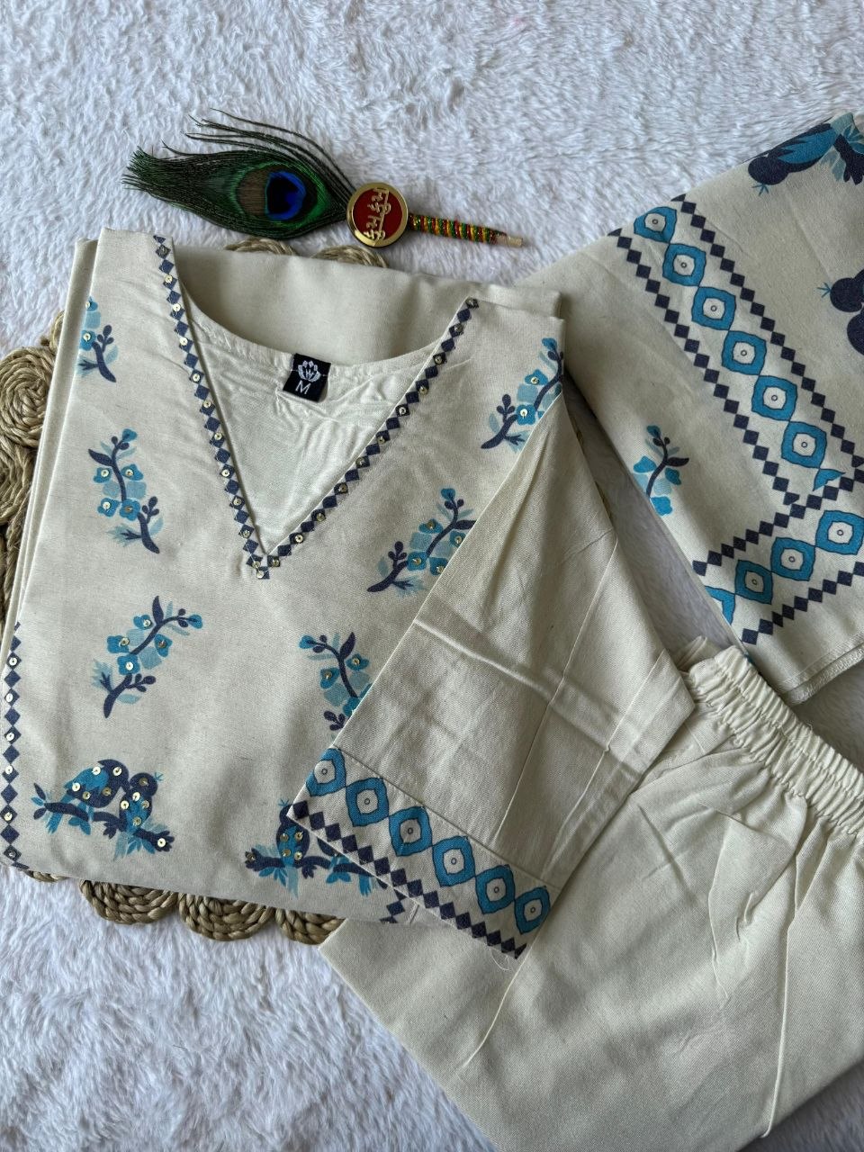 Cream Khadi Printed Handwork Suit
