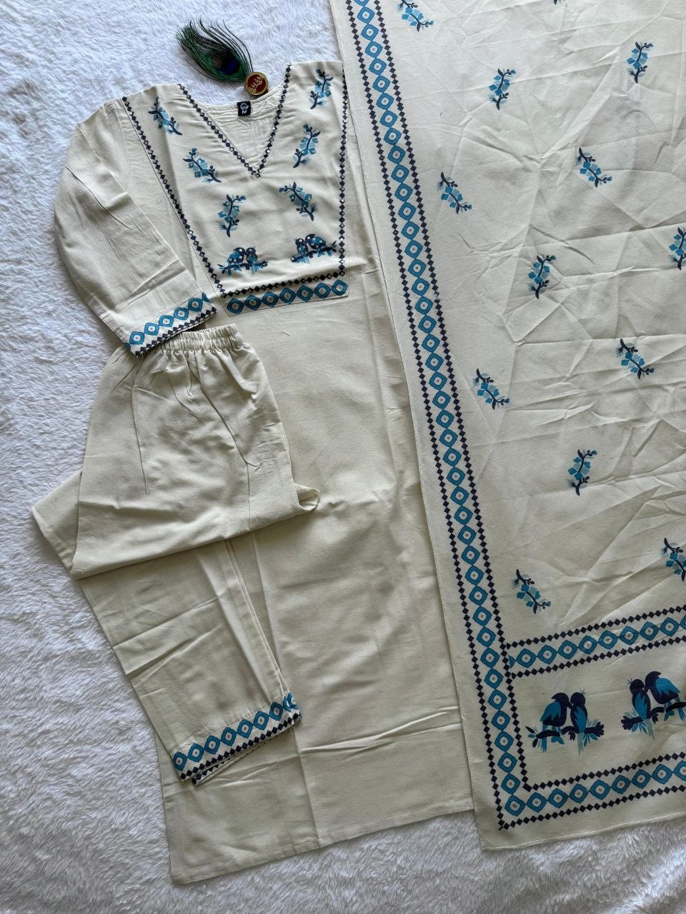 Cream Khadi Printed Handwork Suit