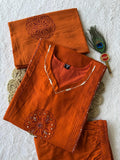 Orange Cotton Aline Handwork Suit Set