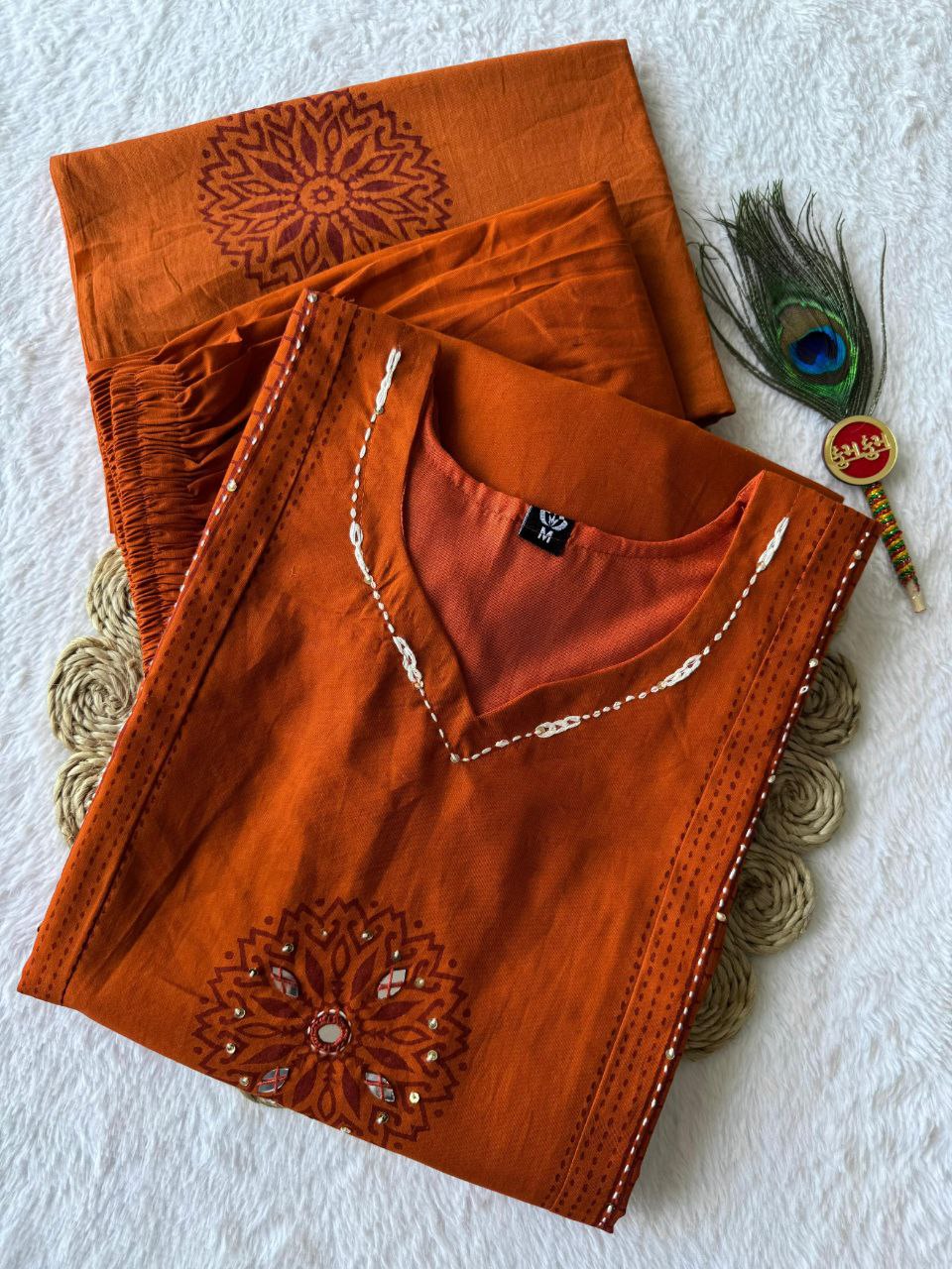 Orange Cotton Aline Handwork Suit Set