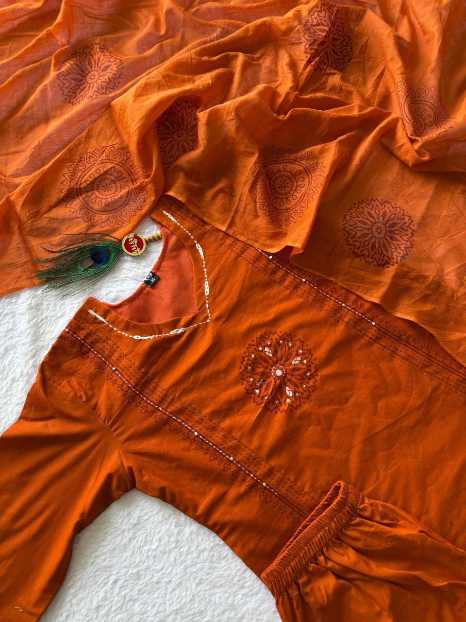 Orange Cotton Aline Handwork Suit Set