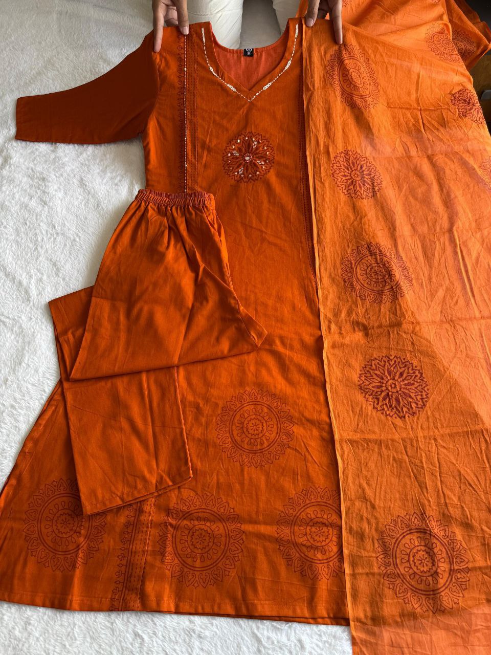 Orange Cotton Aline Handwork Suit Set