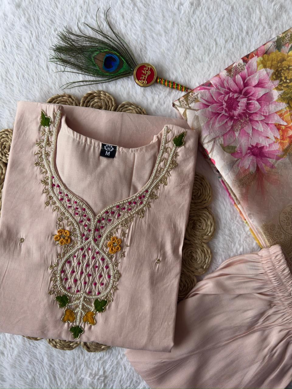 Party Wear Roman Silk Handwork Straight Suit Set