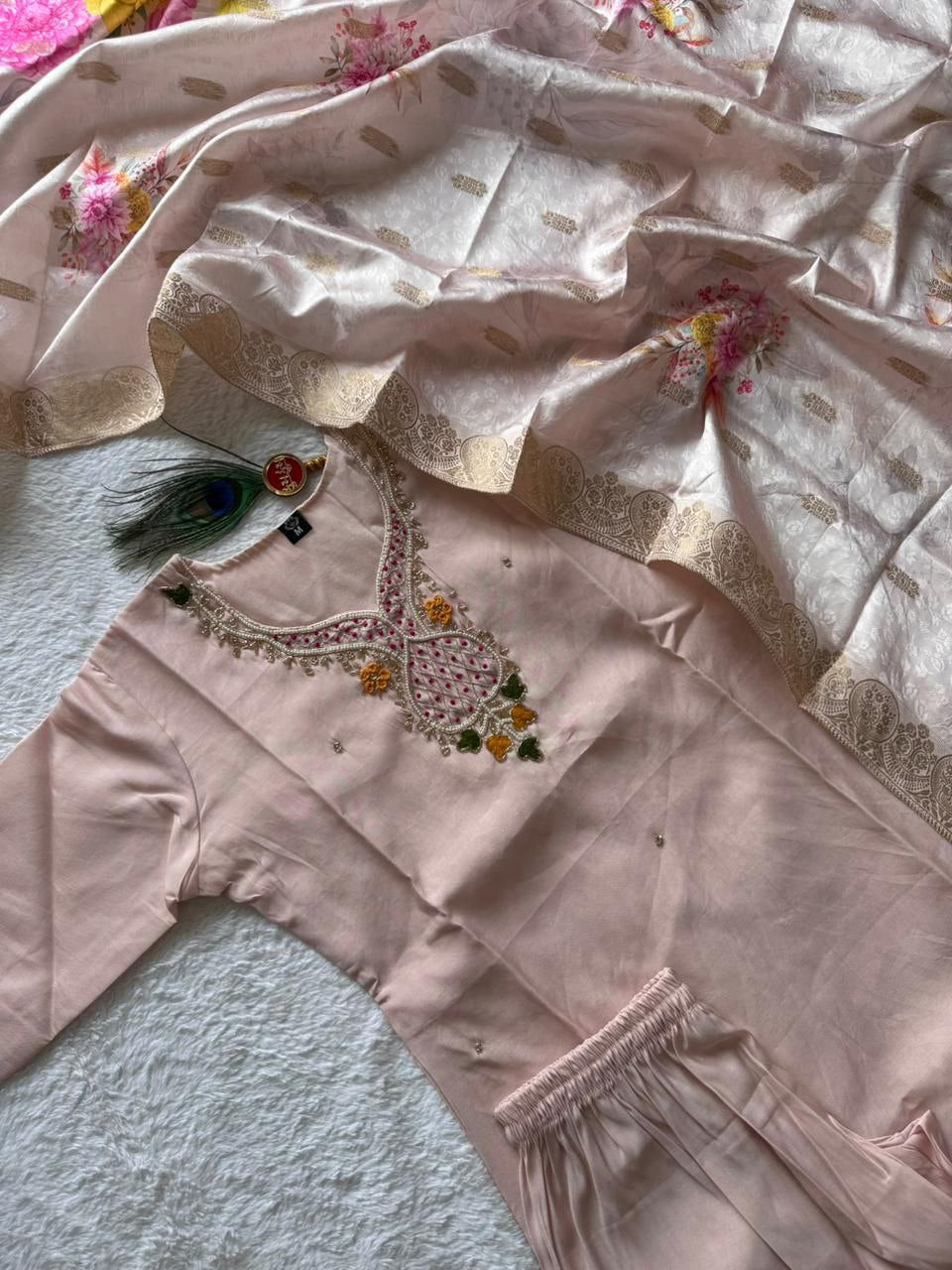 Party Wear Roman Silk Handwork Straight Suit Set