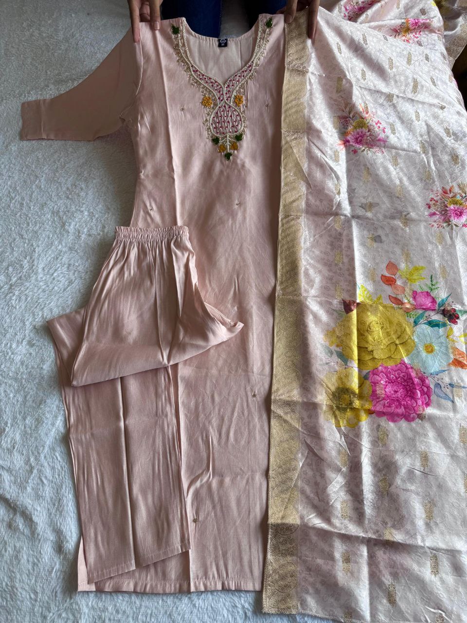 Party Wear Roman Silk Handwork Straight Suit Set