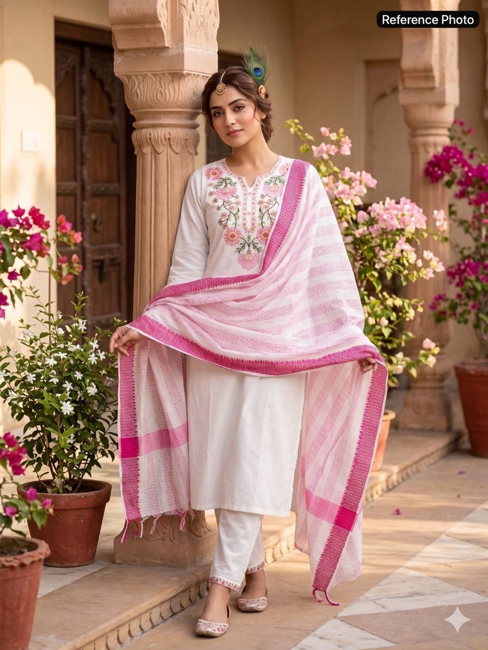 White Khadi Thread Work Suit