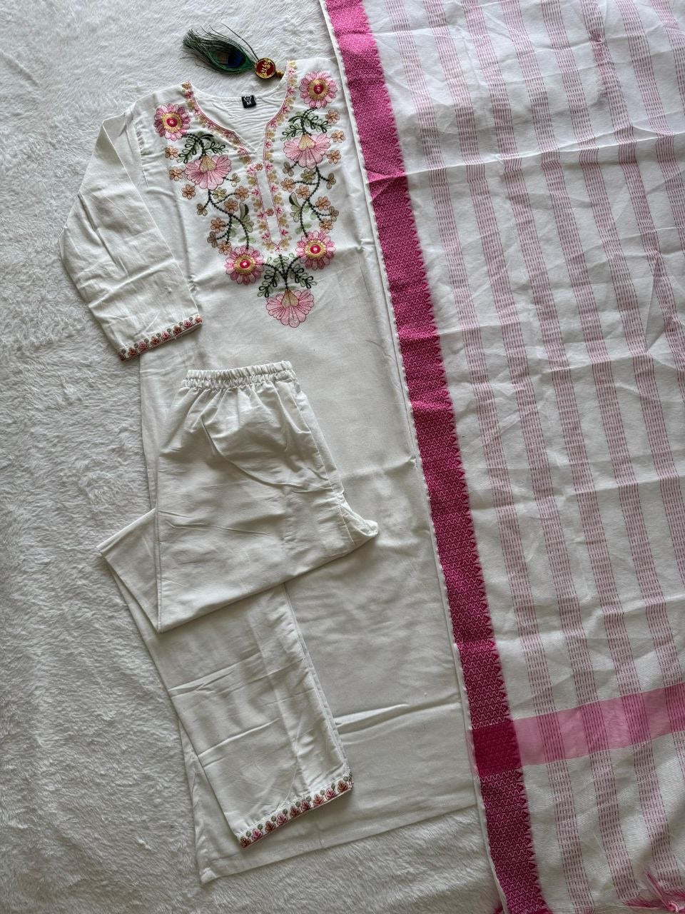 White Khadi Thread Work Suit