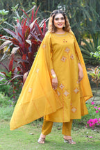 Mustard Cotton Handblock Print Aline Suit Set