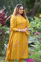 Mustard Cotton Handblock Print Aline Suit Set