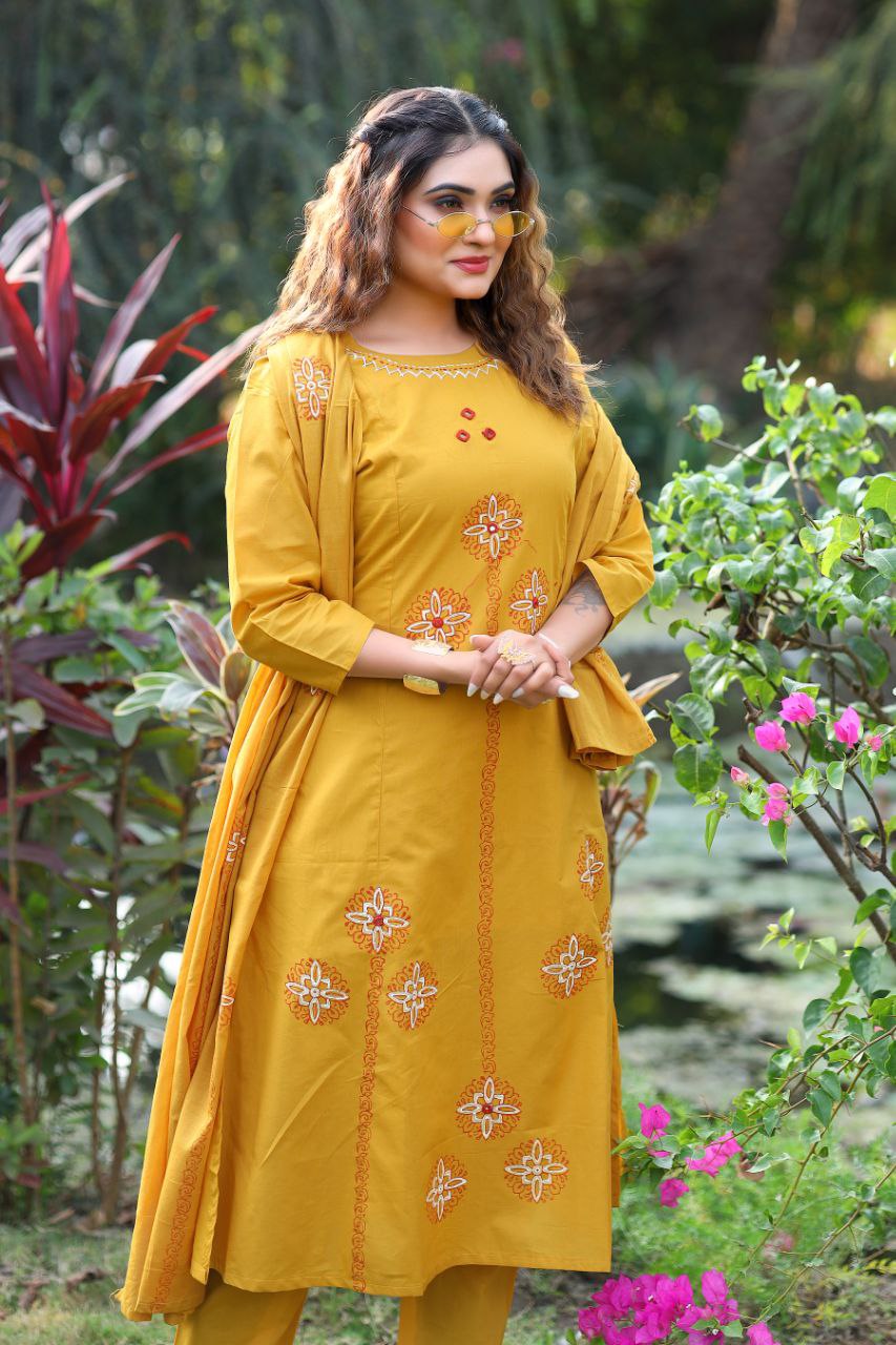 Mustard Cotton Handblock Print Aline Suit Set