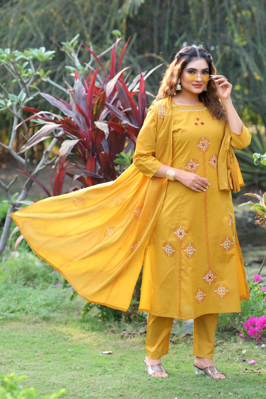 Mustard Cotton Handblock Print Aline Suit Set