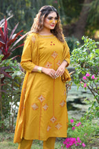 Mustard Cotton Handblock Print Aline Suit Set