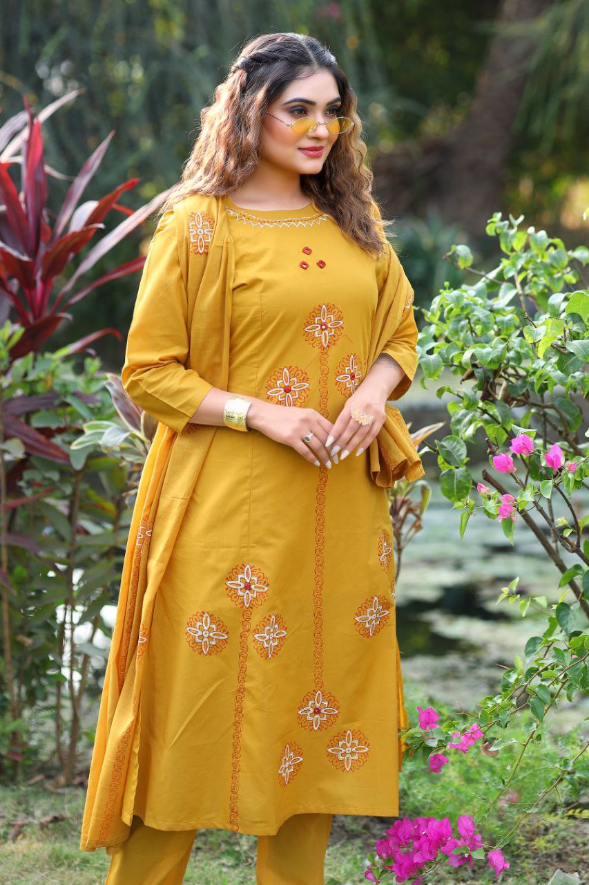 Mustard Cotton Handblock Print Aline Suit Set