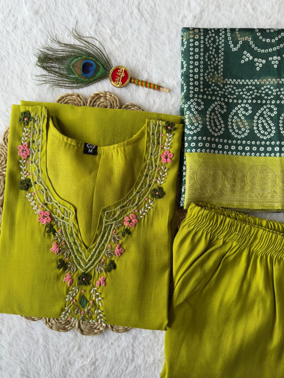 Party Wear Roman Silk Handwork Straight Suit Set