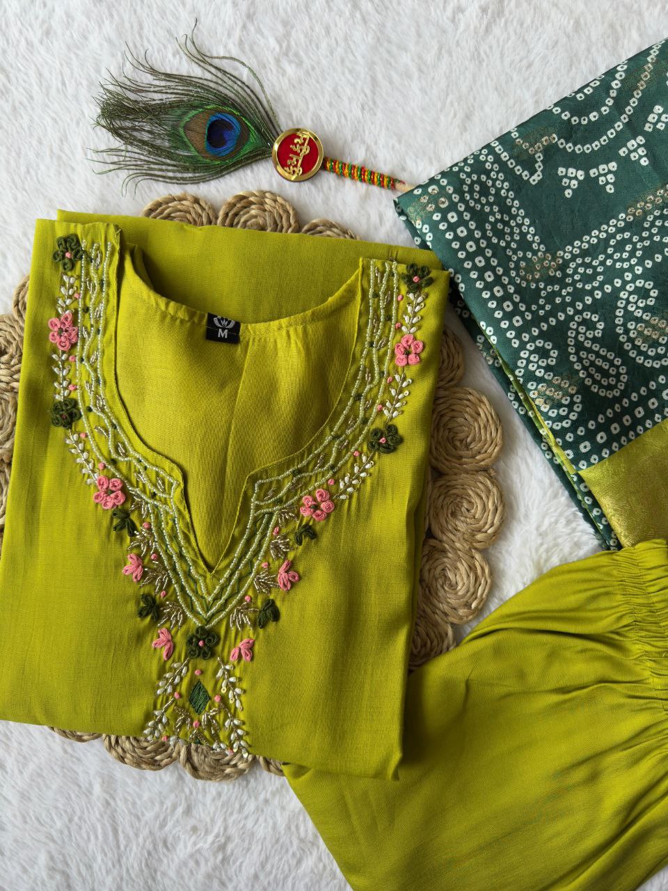Party Wear Roman Silk Handwork Straight Suit Set