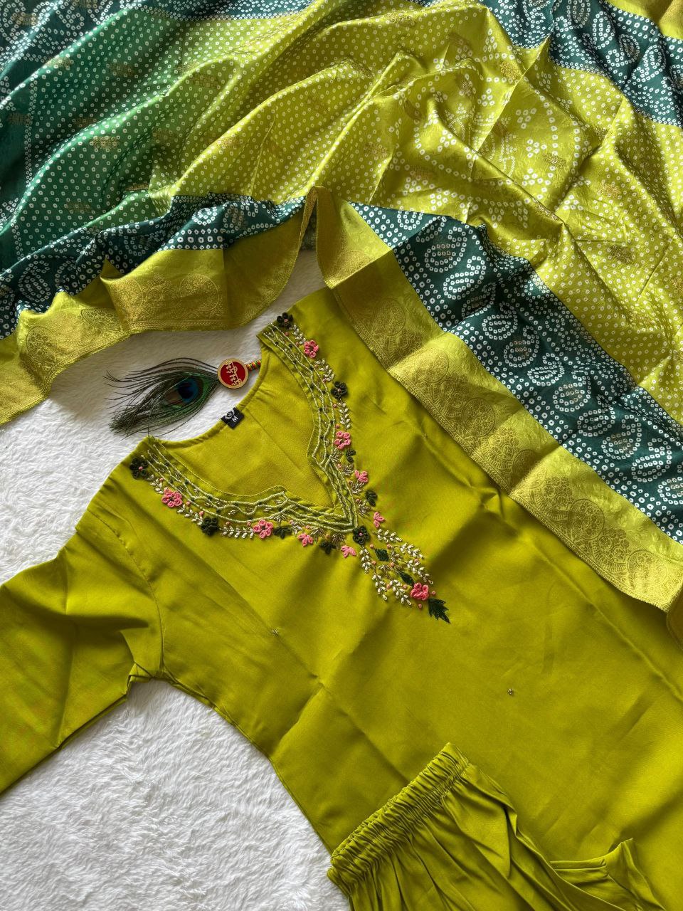 Party Wear Roman Silk Handwork Straight Suit Set