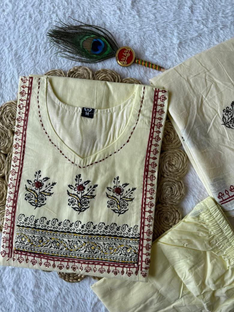 Light Yellow Cotton Aline Handwprk Suit Set