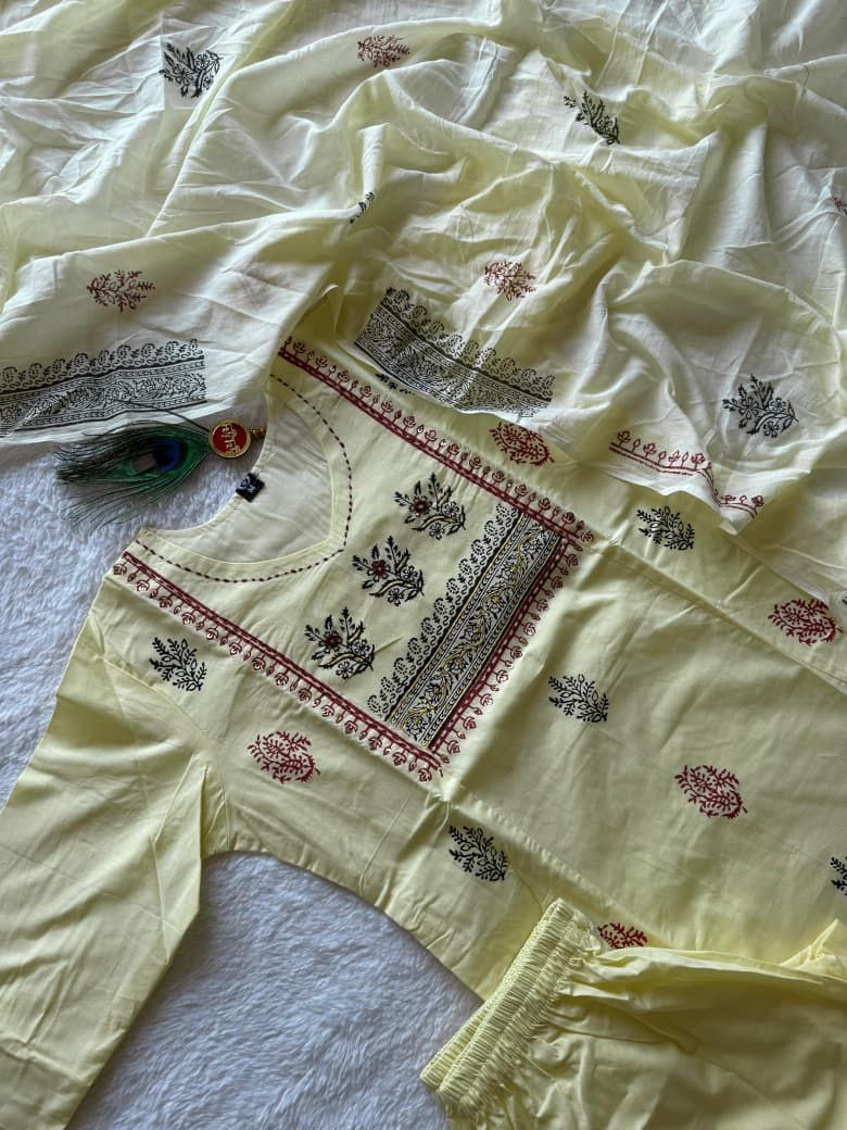 Light Yellow Cotton Aline Handwprk Suit Set